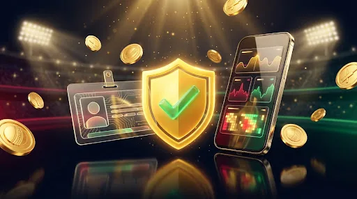 Cricket ID provider trust badge with verified shield, ID card and live odds